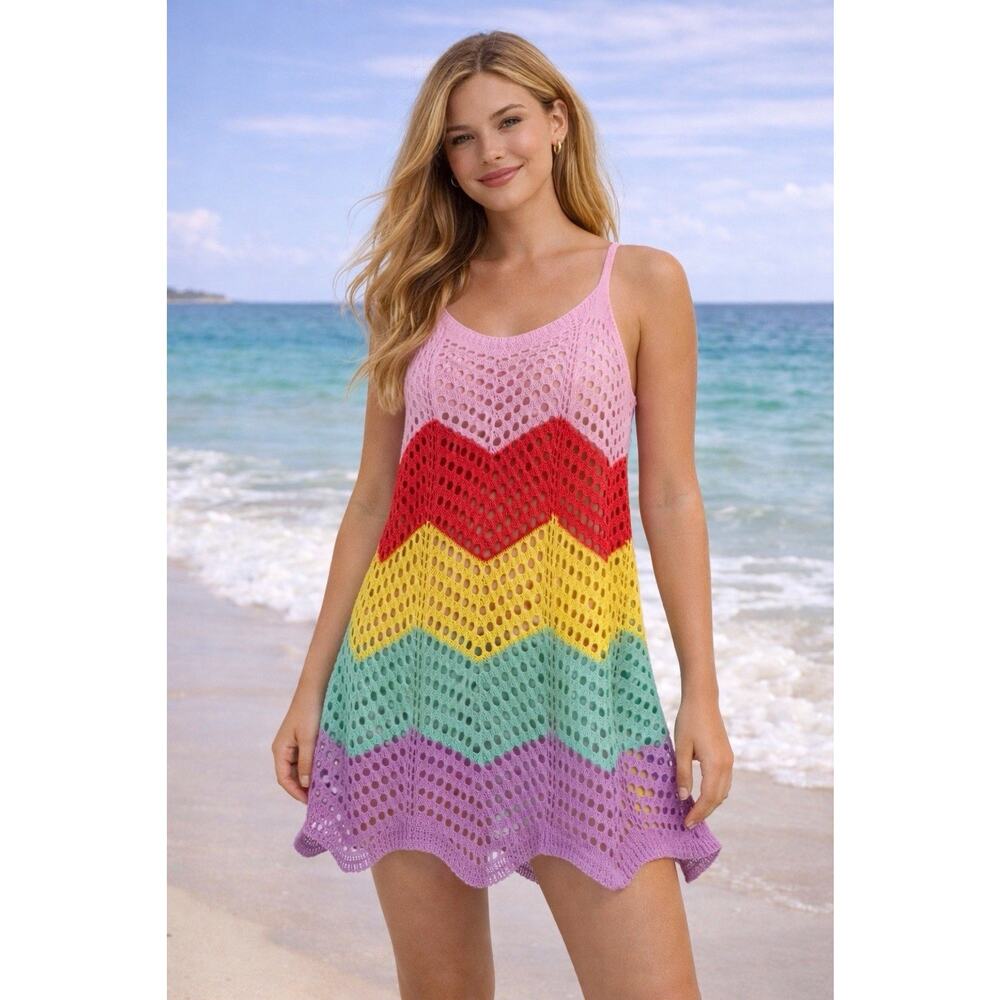 Dry Goods Swim Coverup Mesh Dress L Open Knit Pastel Crochet NWT Sundress Tank